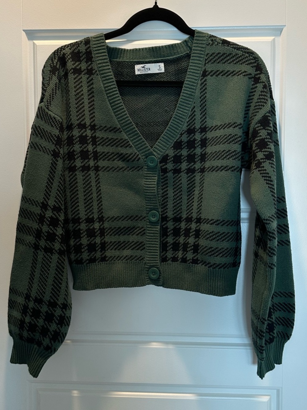 Hollister Green Plaid V-Neck Button Cardigan
